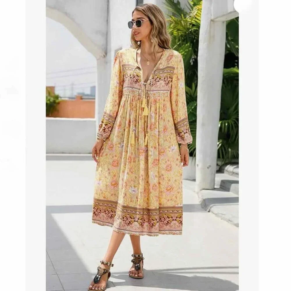 R.Vivimos Women Long Sleeve Floral V Neck Tassel Boho Festival Dress M, Sz 8, 10 - Picture 3 of 13